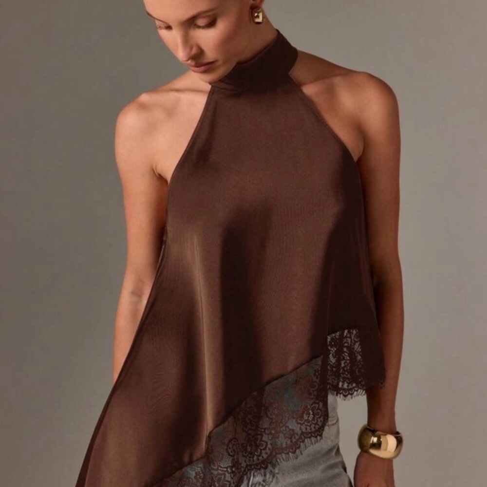 New Women Sleeveless High Neck Lace Trim Asymmetric Satin Top Evening